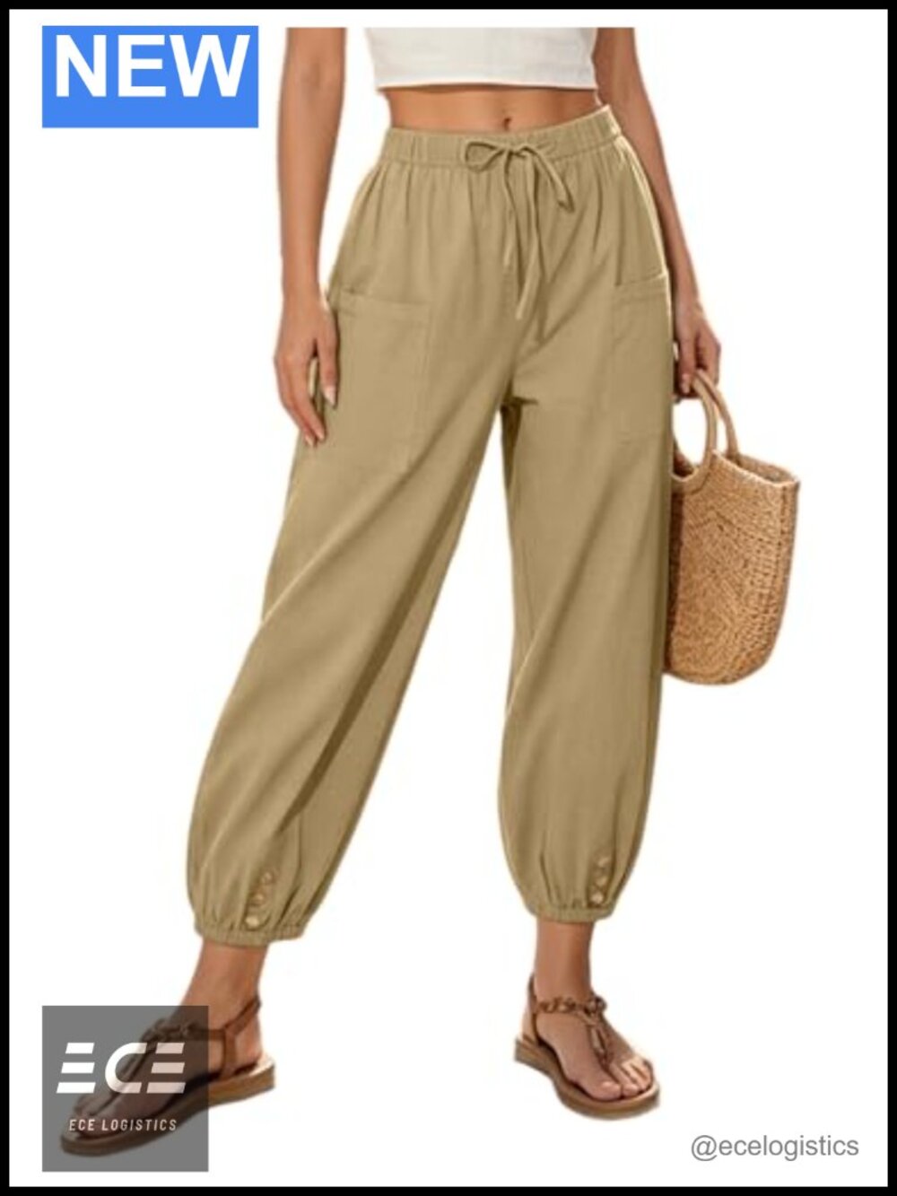 WROLEM 100% Cotton Capri Pants Drawstring Elastic High Waist Wide Leg Cropped